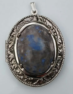 Silver colored Locket Pendant with Blue-Grey Cabochon Centre