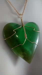 Large Green Glass Wire-wrapped Heart-shaped Necklace