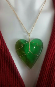 Large Green Glass Wire-wrapped Heart-shaped Necklace