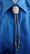 Load image into Gallery viewer, Bolo tie with oval Jasper cabochon set in gold colored setting with gold colored tips and gold and brown cord.
